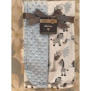 Blankets & Beyond Safari Baby Blanket White Blue Minky Dot Infant Boys NWT VHTF